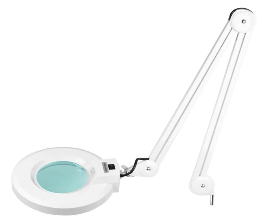 Lampe loupe LED blanche avec pied et roulettes